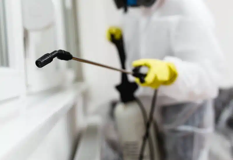 disinfestatore con attrezzatura e protezione